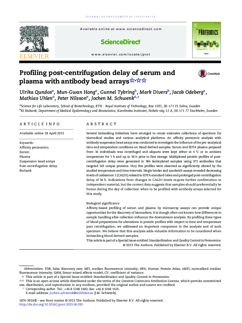Profiling post-centrifugation delay of serum and plasma with antibody bead arrays
