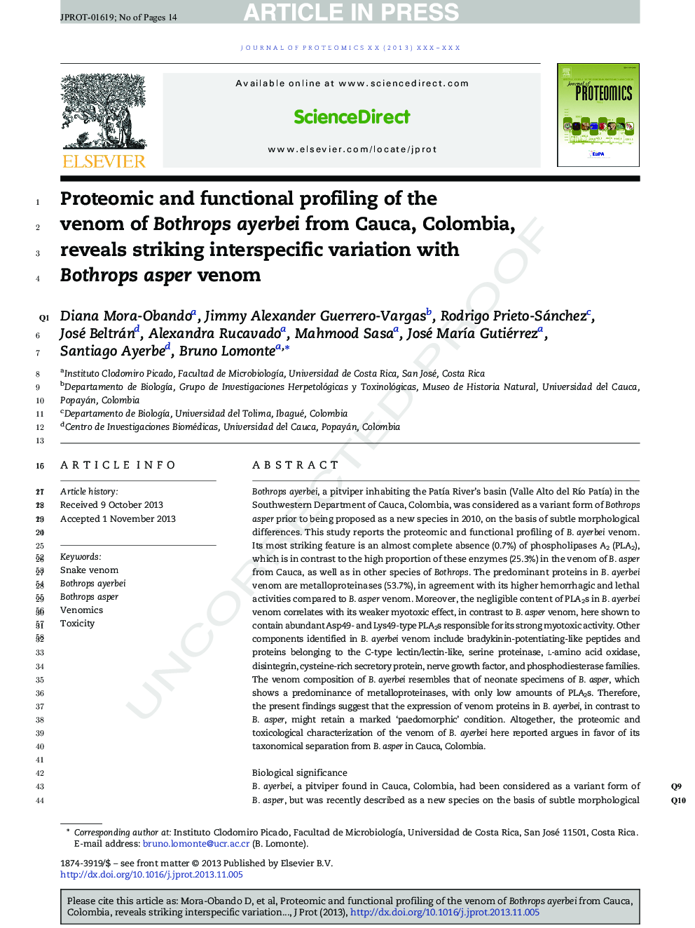 Proteomic and functional profiling of the venom of Bothrops ayerbei from Cauca, Colombia, reveals striking interspecific variation with Bothrops asper venom