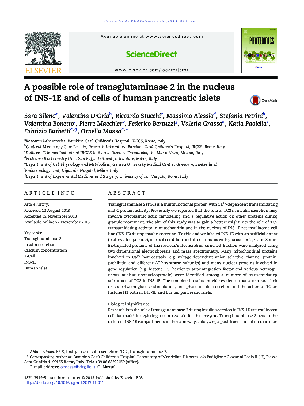 A possible role of transglutaminase 2 in the nucleus of INS-1E and of cells of human pancreatic islets