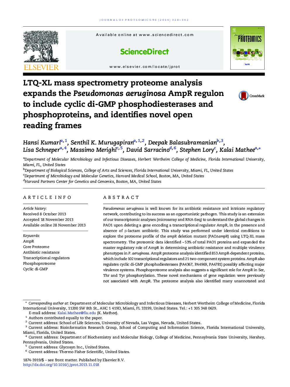 LTQ-XL mass spectrometry proteome analysis expands the Pseudomonas aeruginosa AmpR regulon to include cyclic di-GMP phosphodiesterases and phosphoproteins, and identifies novel open reading frames