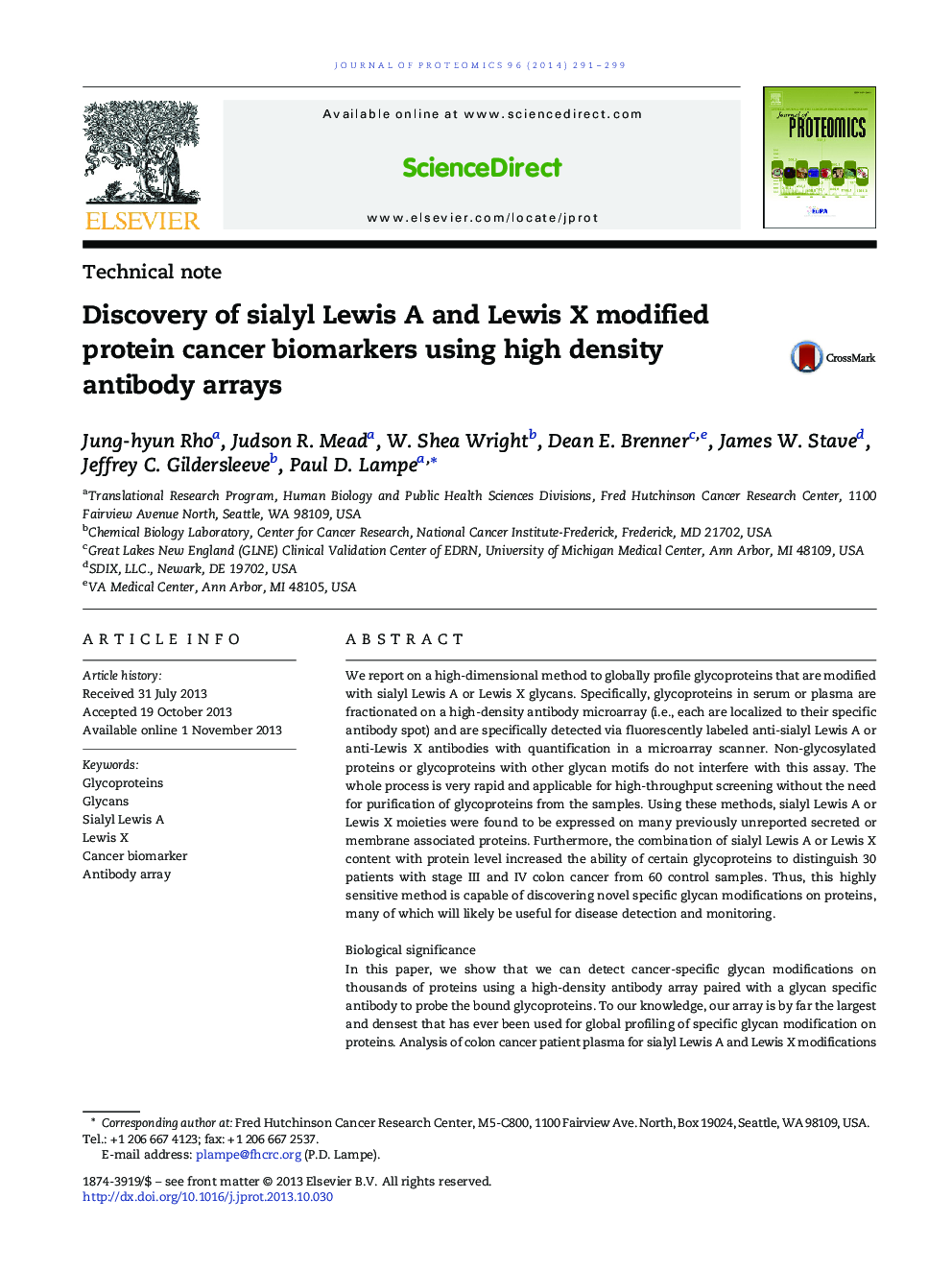 Discovery of sialyl Lewis A and Lewis X modified protein cancer biomarkers using high density antibody arrays