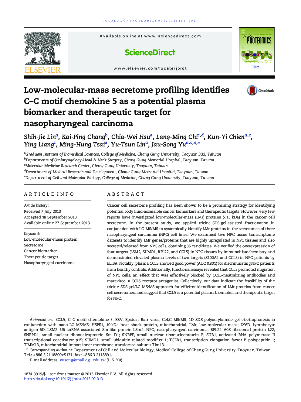 Low-molecular-mass secretome profiling identifies C-C motif chemokine 5 as a potential plasma biomarker and therapeutic target for nasopharyngeal carcinoma