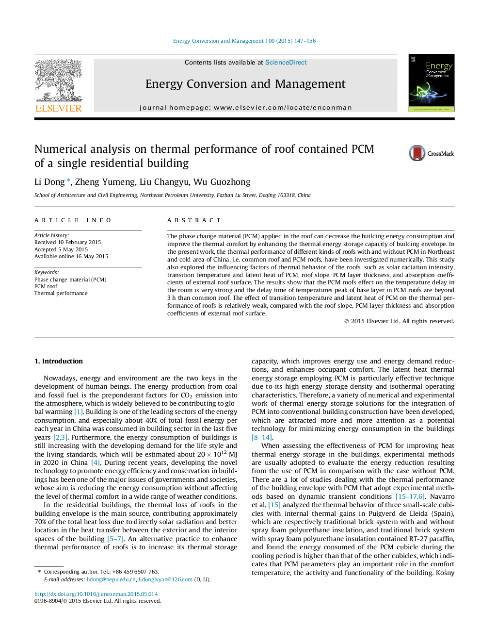 Numerical analysis on thermal performance of roof contained PCM of a single residential building