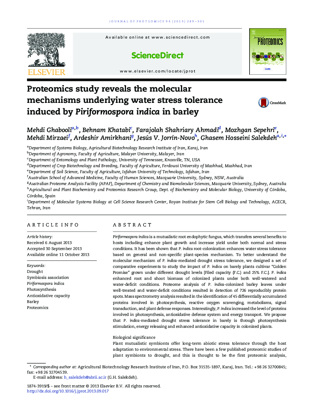 Proteomics study reveals the molecular mechanisms underlying water stress tolerance induced by Piriformospora indica in barley