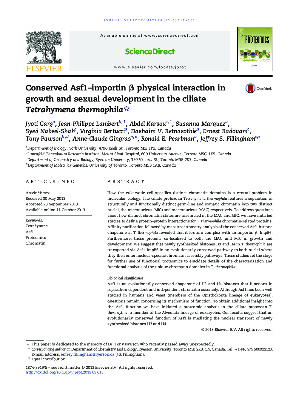 Conserved Asf1-importin Î² physical interaction in growth and sexual development in the ciliate Tetrahymena thermophila