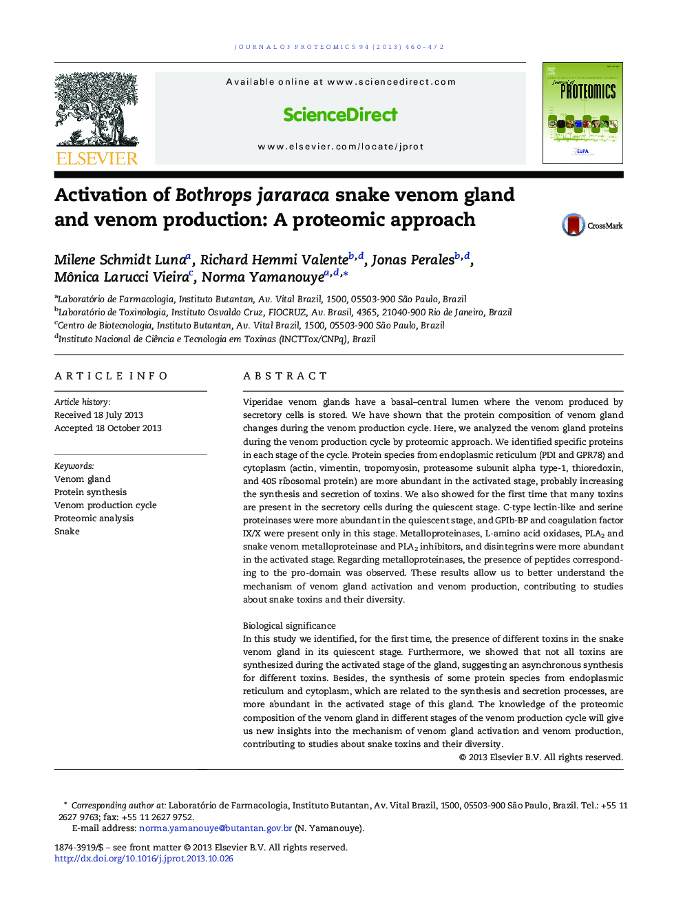 Activation of Bothrops jararaca snake venom gland and venom production: A proteomic approach