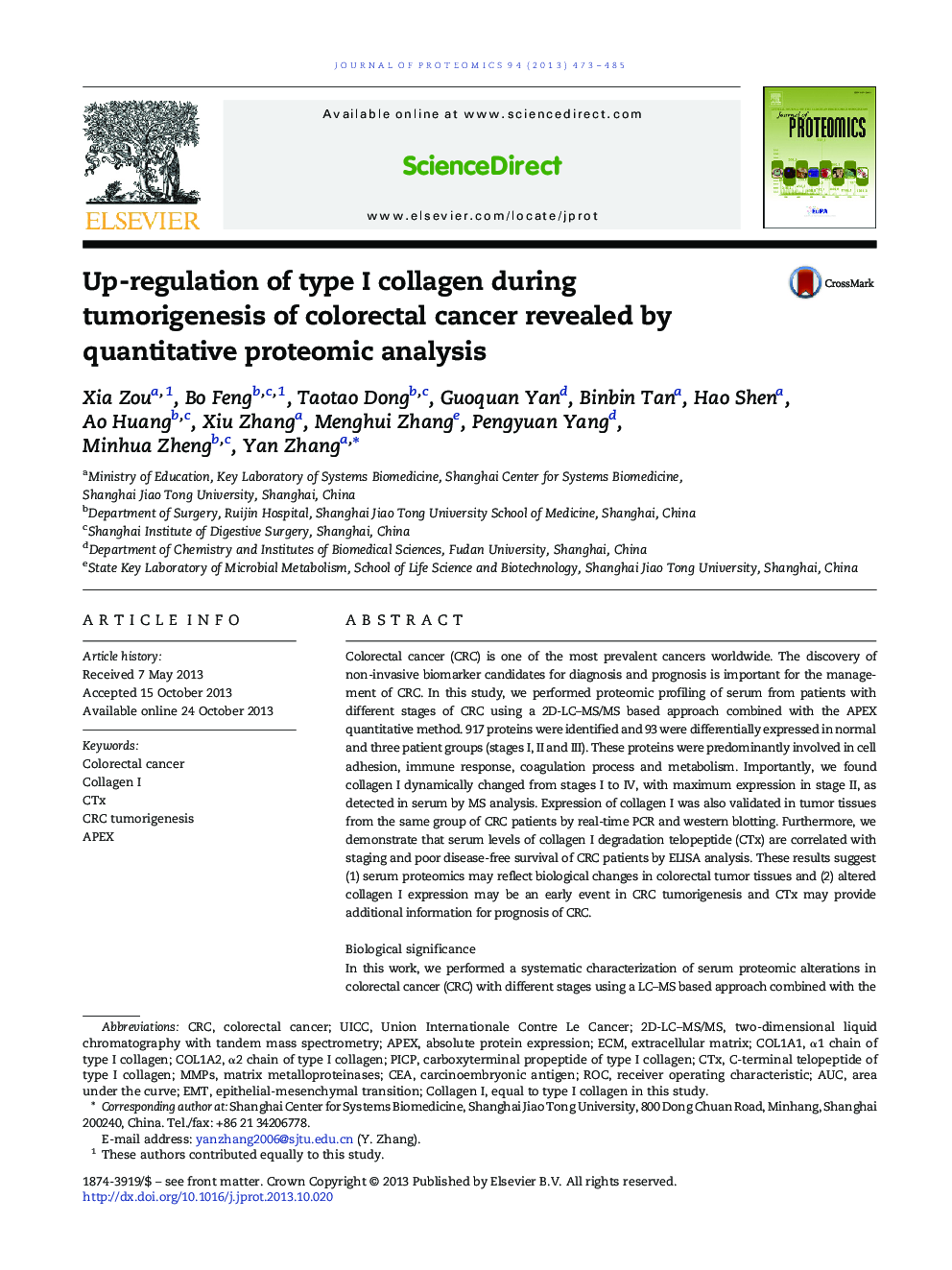 Up-regulation of type I collagen during tumorigenesis of colorectal cancer revealed by quantitative proteomic analysis