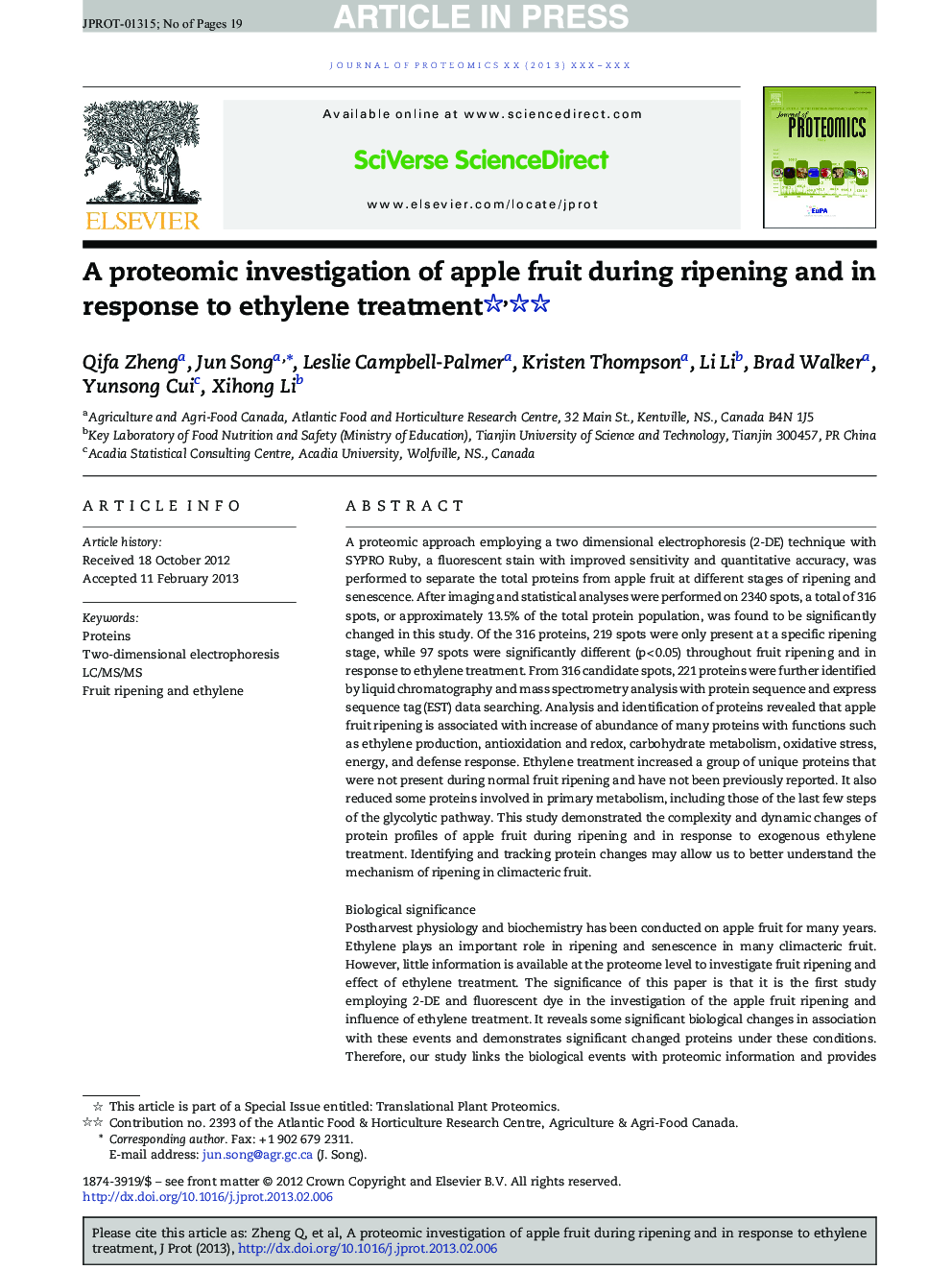 A proteomic investigation of apple fruit during ripening and in response to ethylene treatment