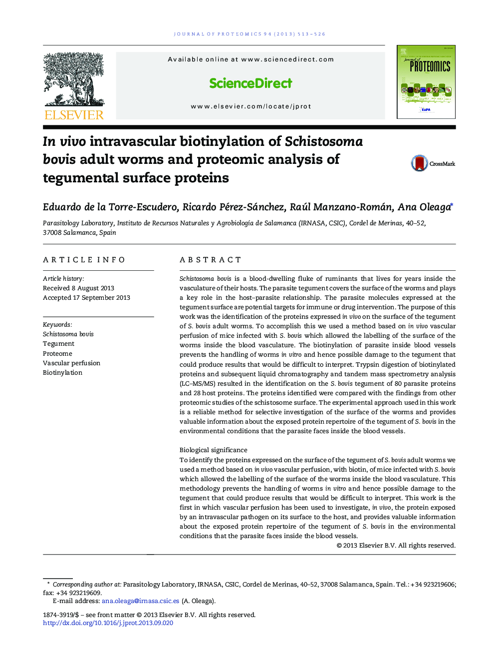 In vivo intravascular biotinylation of Schistosoma bovis adult worms and proteomic analysis of tegumental surface proteins