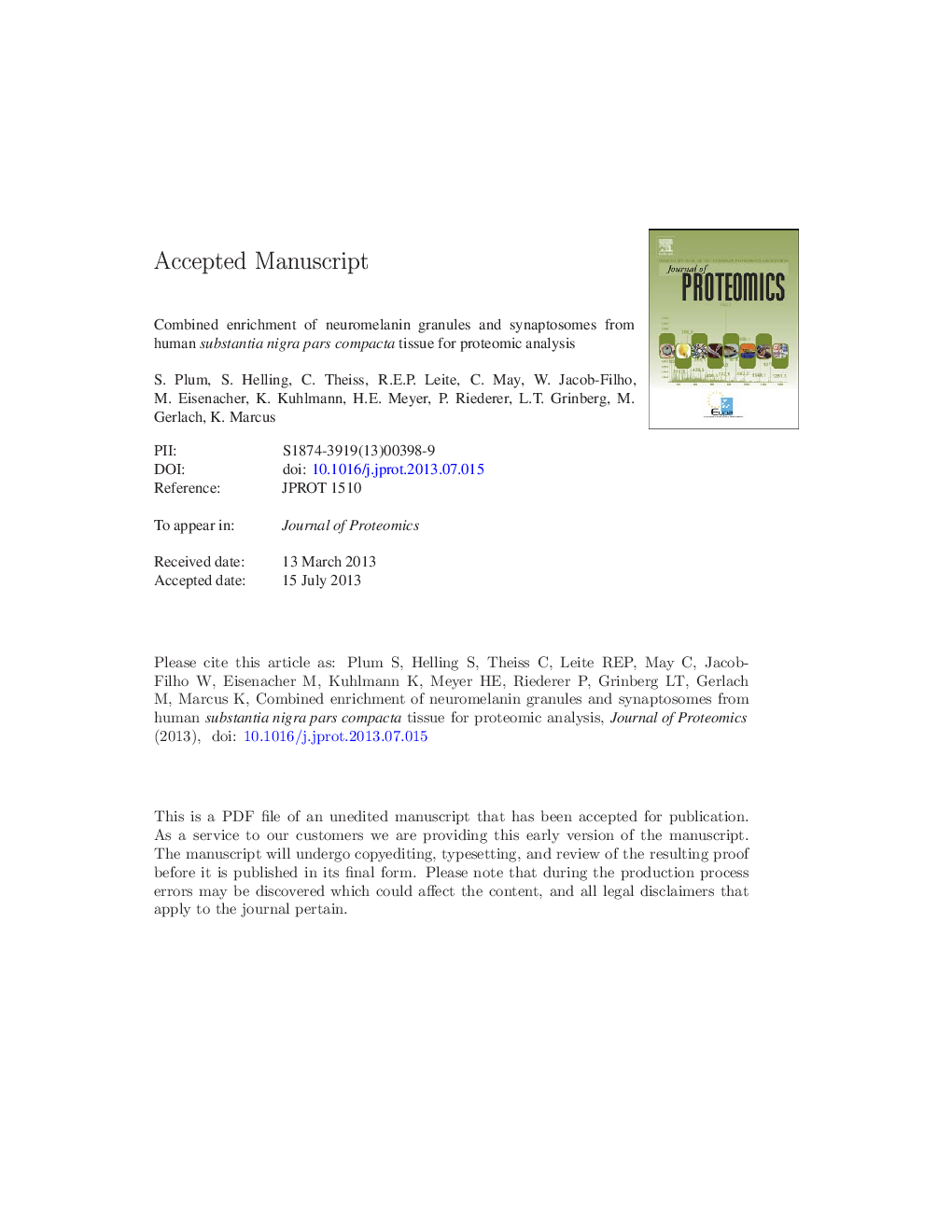 Combined enrichment of neuromelanin granules and synaptosomes from human substantia nigra pars compacta tissue for proteomic analysis