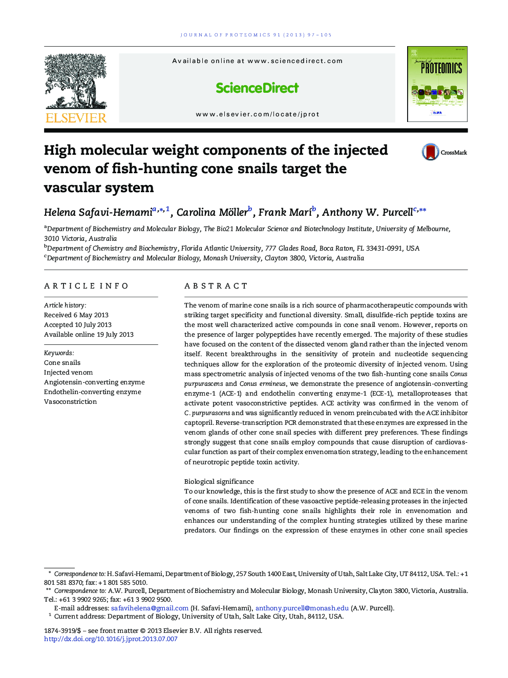 High molecular weight components of the injected venom of fish-hunting cone snails target the vascular system