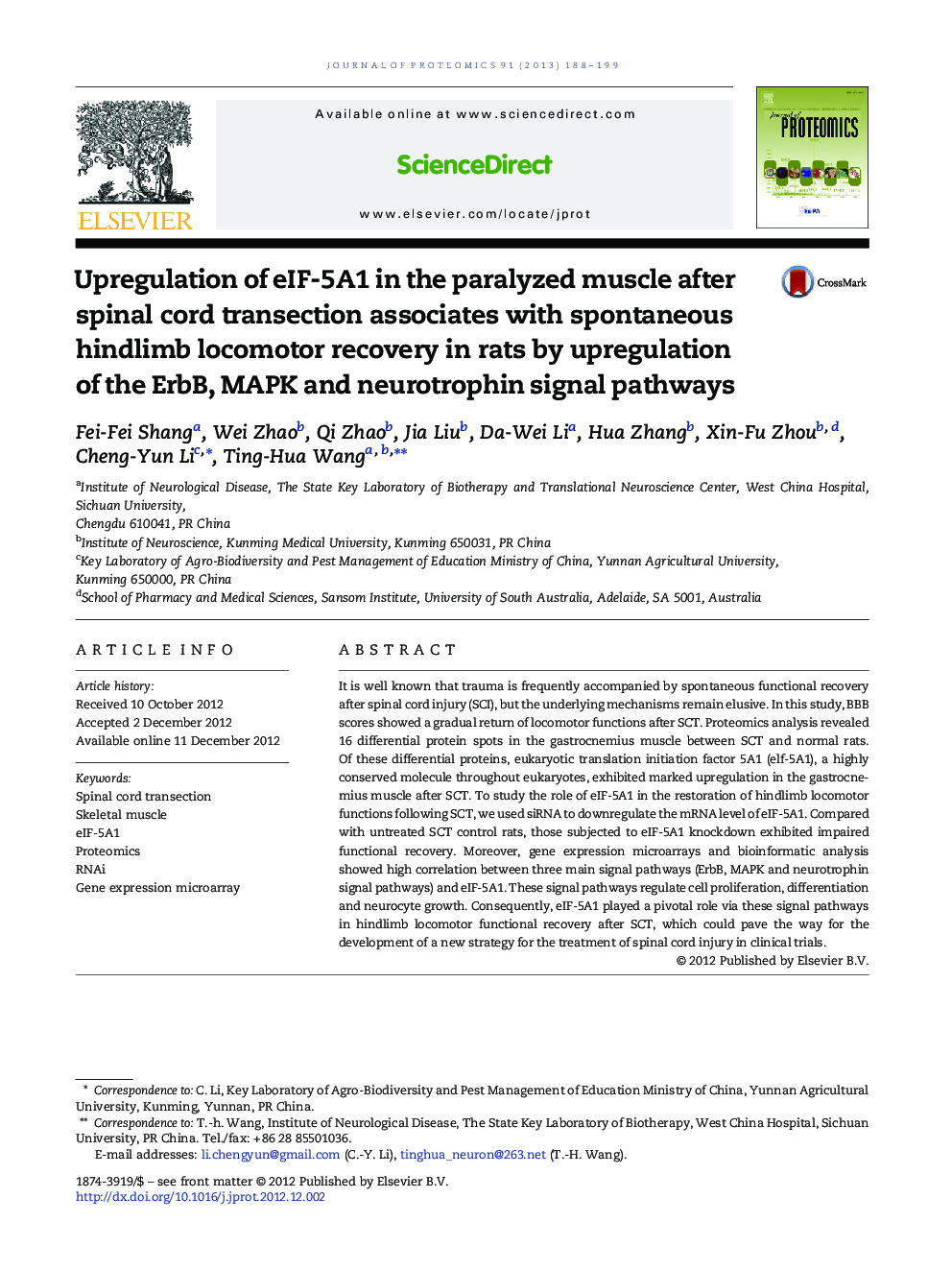 Upregulation of eIF-5A1 in the paralyzed muscle after spinal cord transection associates with spontaneous hindlimb locomotor recovery in rats by upregulation of the ErbB, MAPK and neurotrophin signal pathways