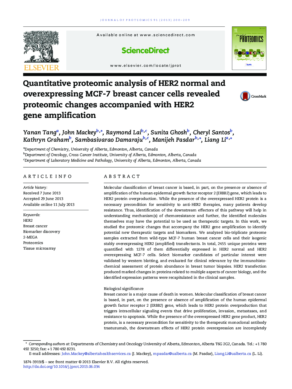 Quantitative proteomic analysis of HER2 normal and overexpressing MCF-7 breast cancer cells revealed proteomic changes accompanied with HER2 gene amplification