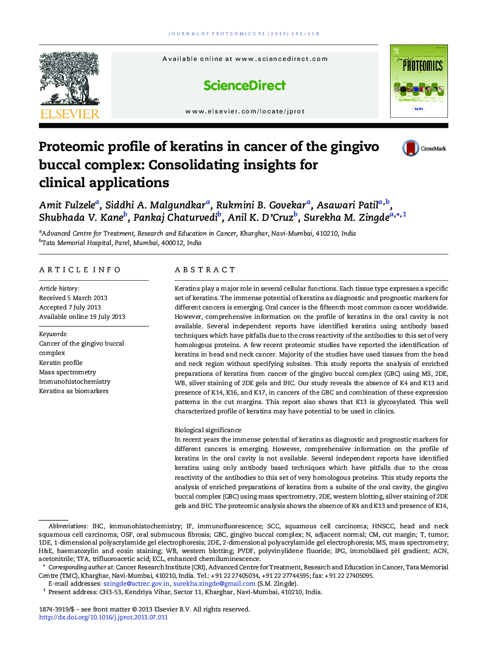 Proteomic profile of keratins in cancer of the gingivo buccal complex: Consolidating insights for clinical applications
