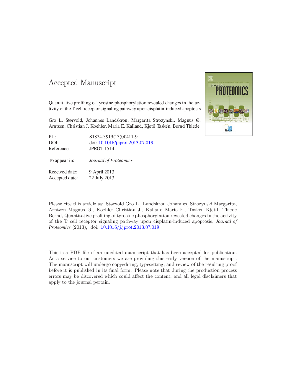 Quantitative profiling of tyrosine phosphorylation revealed changes in the activity of the T cell receptor signaling pathway upon cisplatin-induced apoptosis