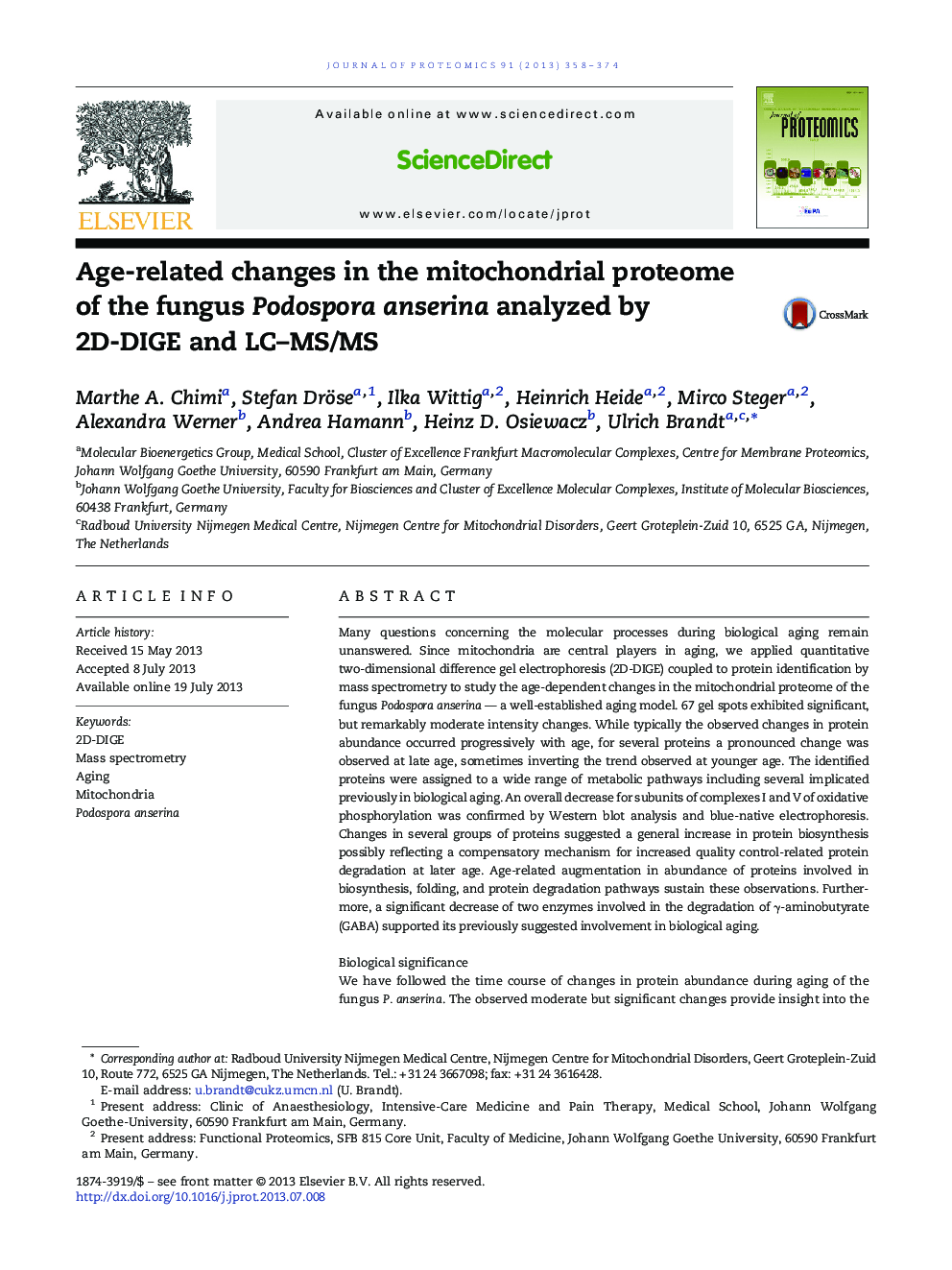 Age-related changes in the mitochondrial proteome of the fungus Podospora anserina analyzed by 2D-DIGE and LC-MS/MS