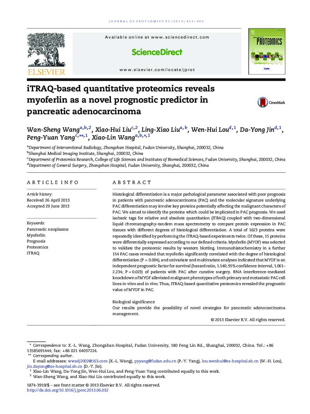 iTRAQ-based quantitative proteomics reveals myoferlin as a novel prognostic predictor in pancreatic adenocarcinoma