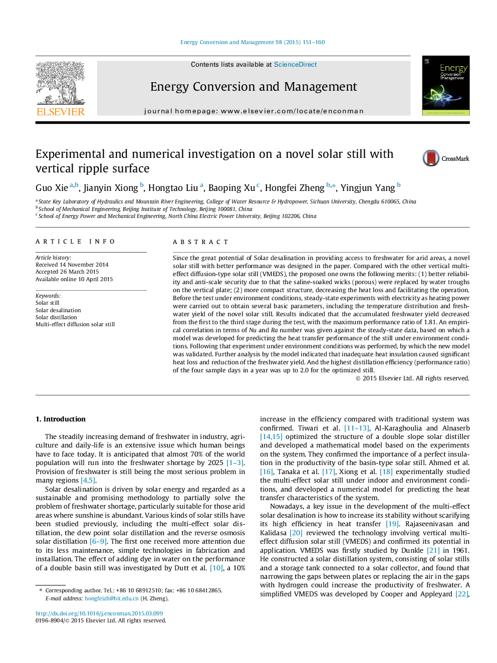 Experimental and numerical investigation on a novel solar still with vertical ripple surface