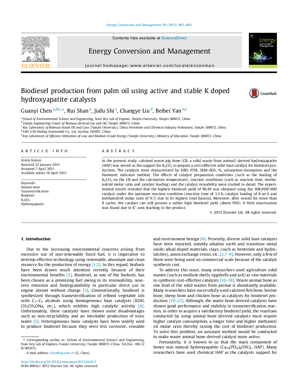 Biodiesel production from palm oil using active and stable K doped hydroxyapatite catalysts