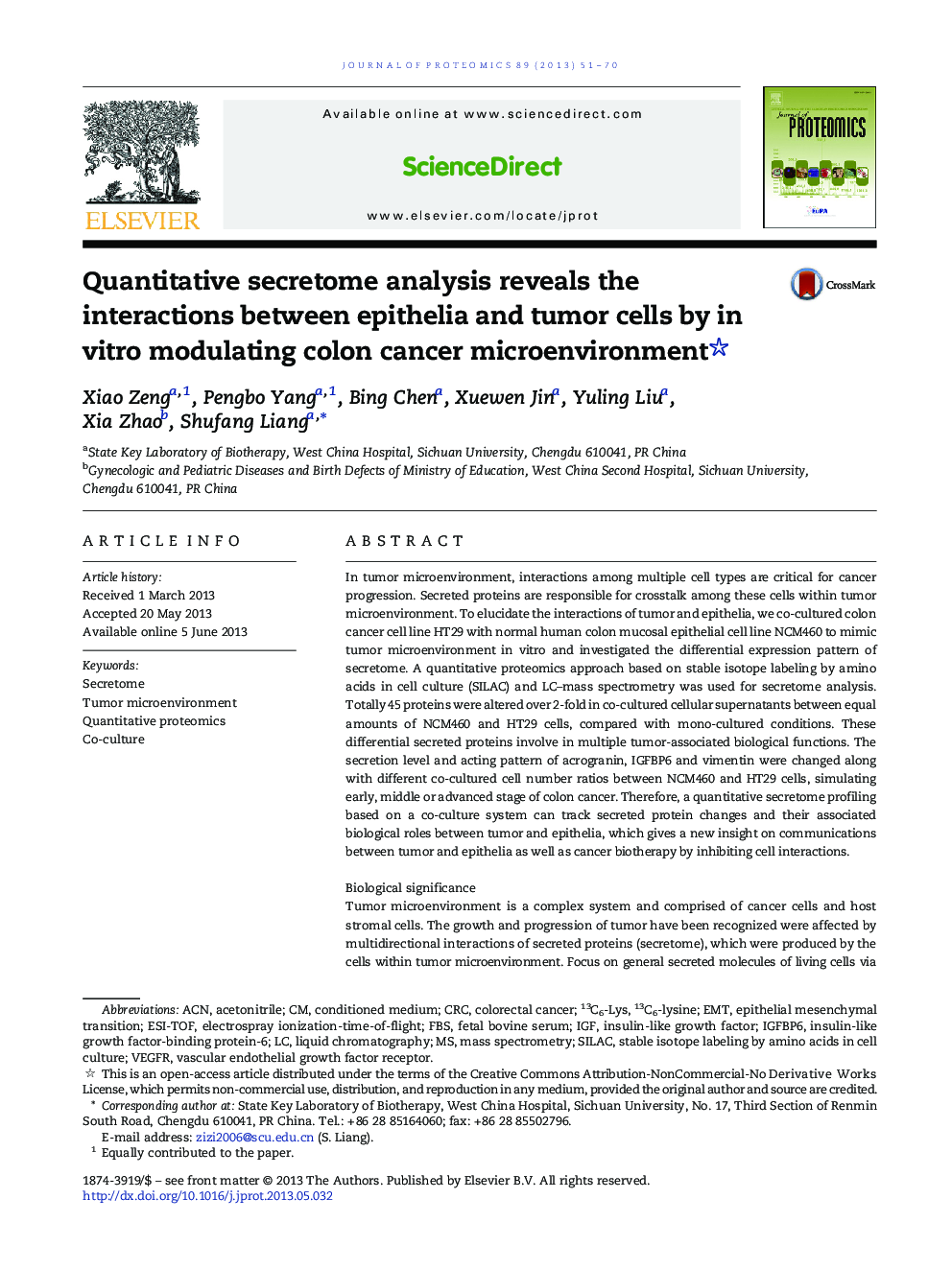 عکس صفحه اول مقاله: Quantitative secretome analysis reveals the interactions between epithelia and tumor cells by in vitro modulating colon cancer microenvironment Quantitative secretome analysis reveals the interactions between epithelia and tumor cells by in vitro modulating colon cancer microenvironment