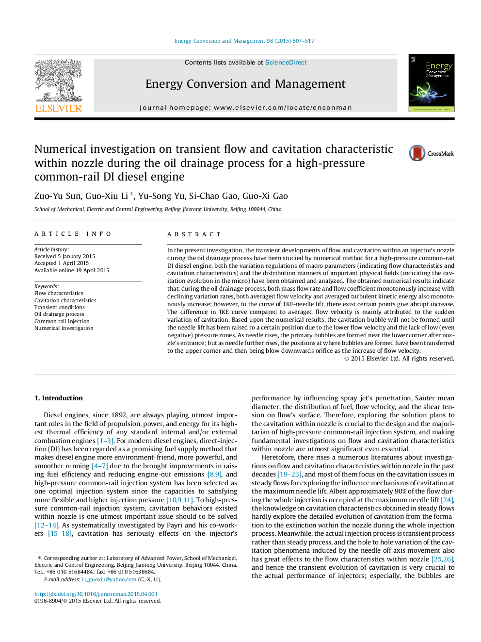 Numerical investigation on transient flow and cavitation characteristic within nozzle during the oil drainage process for a high-pressure common-rail DI diesel engine