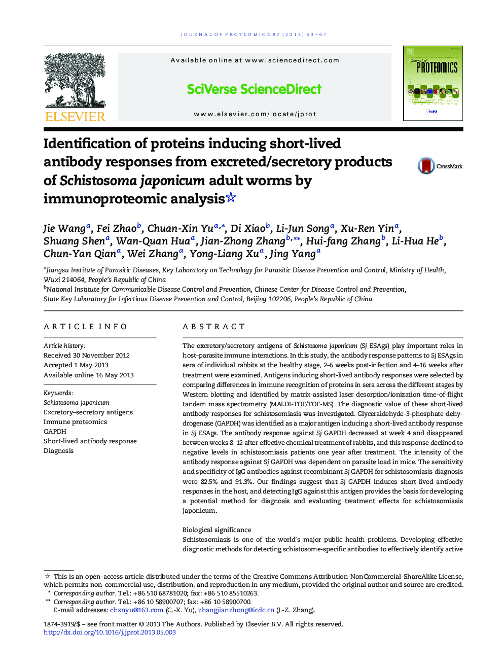 Identification of proteins inducing short-lived antibody responses from excreted/secretory products of Schistosoma japonicum adult worms by immunoproteomic analysis