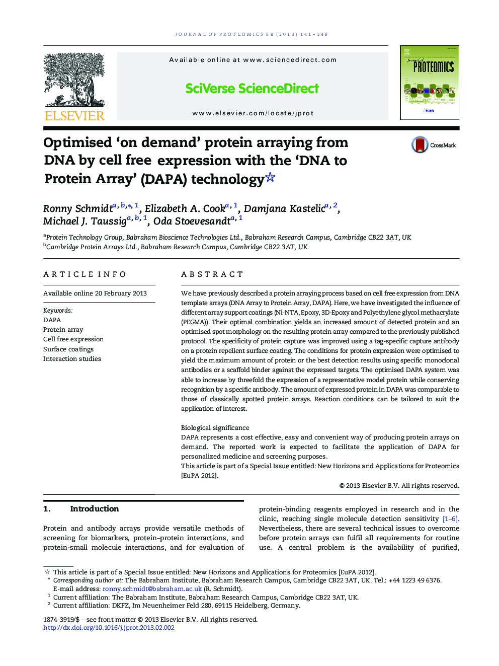 Optimised 'on demand' protein arraying from DNA by cell free expression with the 'DNA to Protein Array' (DAPA) technology