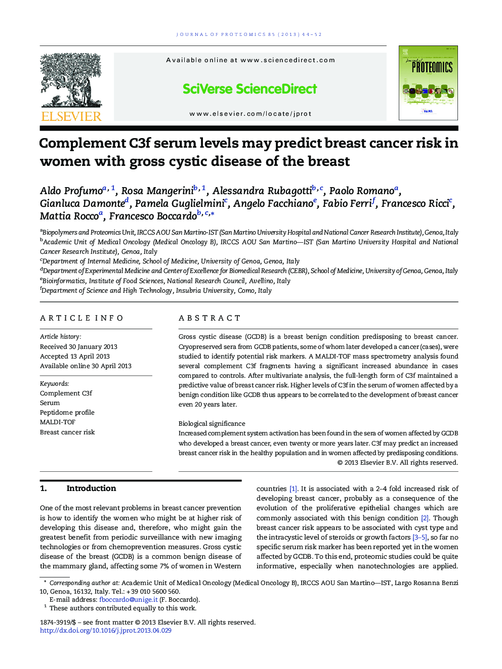 Complement C3f serum levels may predict breast cancer risk in women with gross cystic disease of the breast