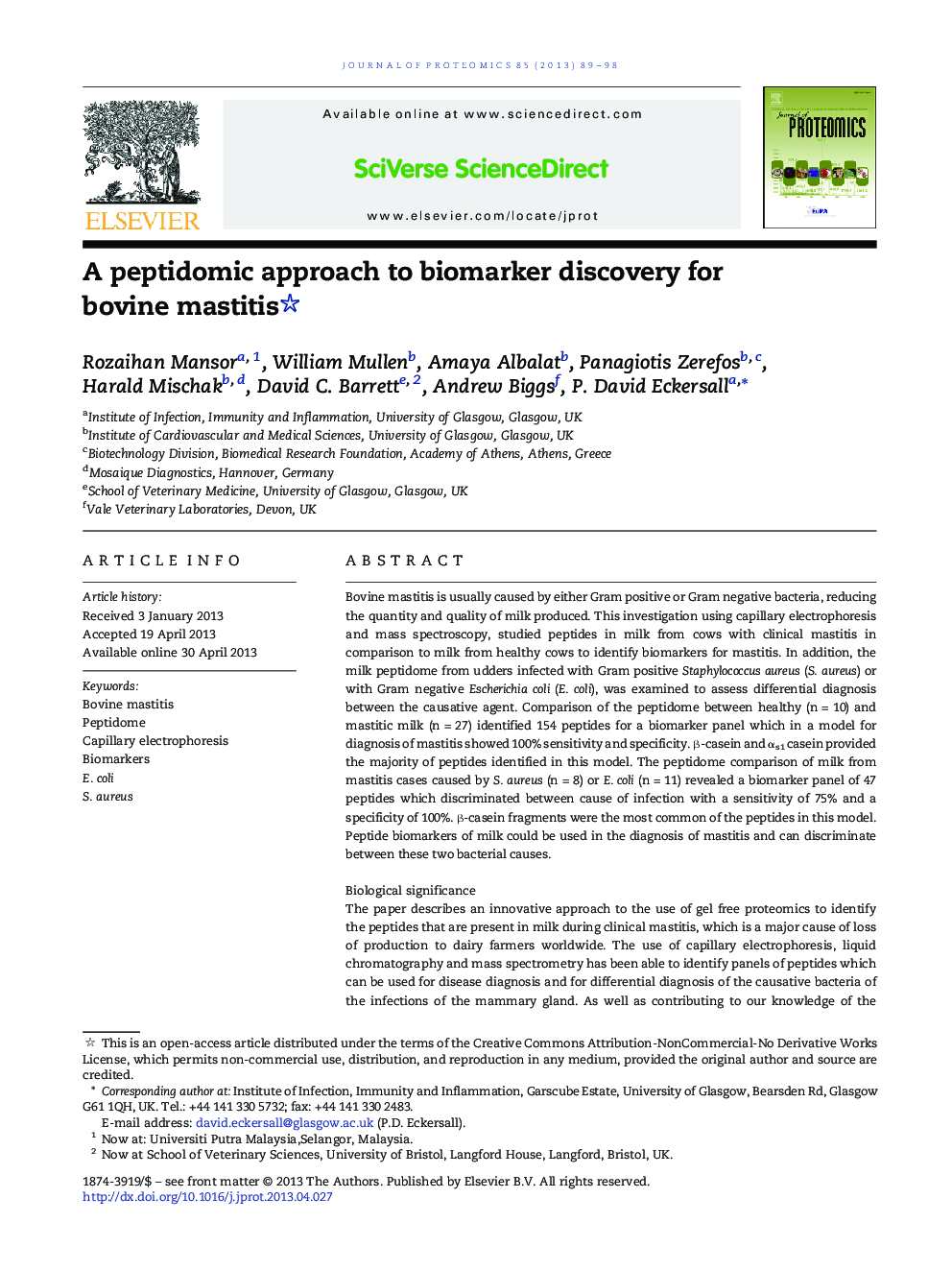 A peptidomic approach to biomarker discovery for bovine mastitis