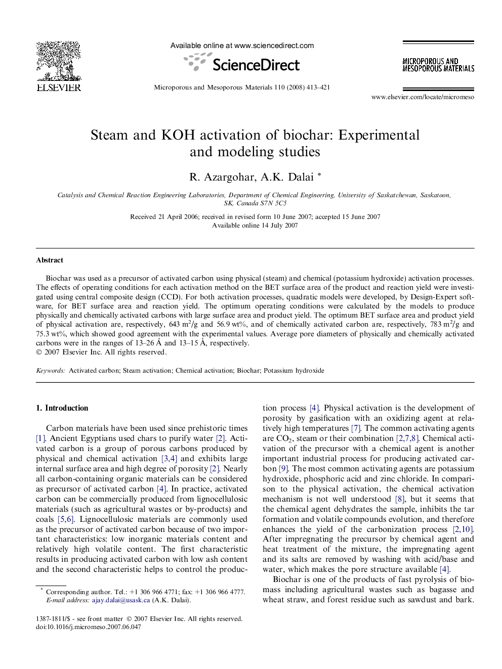 Steam and KOH activation of biochar: Experimental and modeling studies