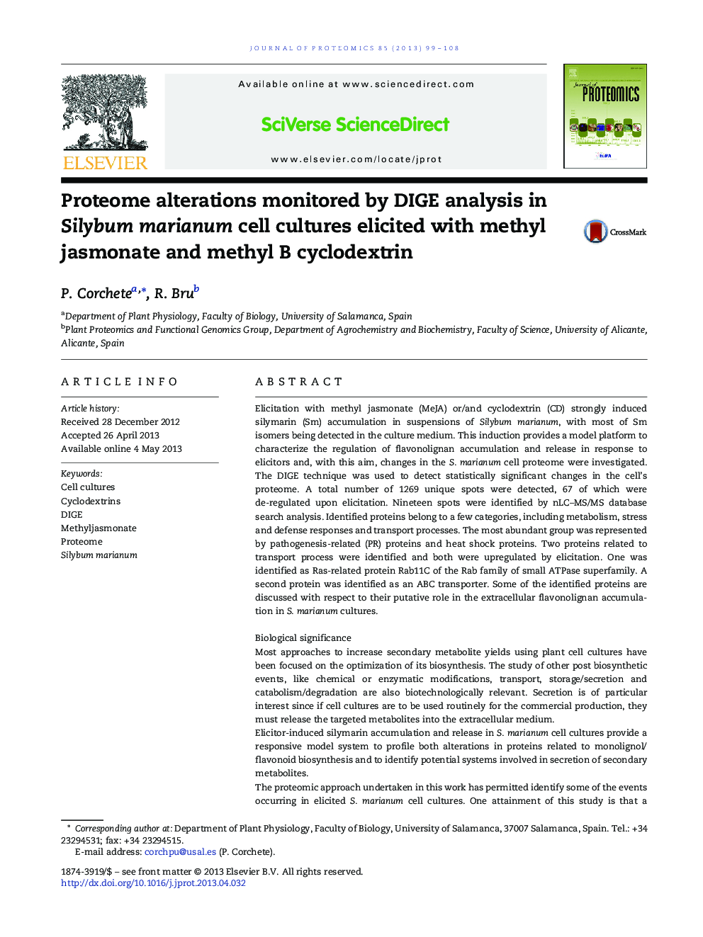 Proteome alterations monitored by DIGE analysis in Silybum marianum cell cultures elicited with methyl jasmonate and methyl B cyclodextrin