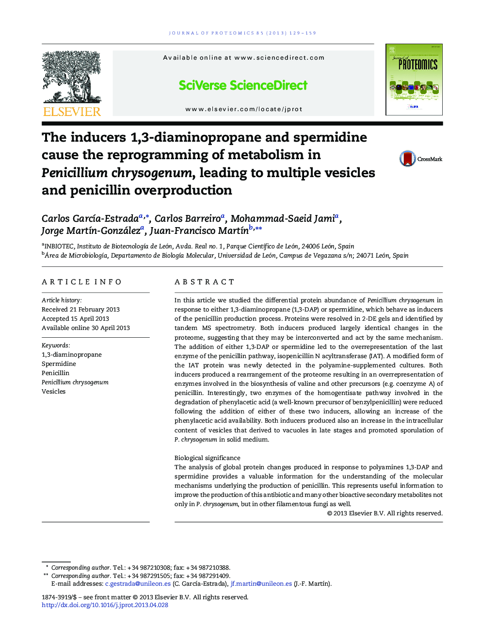 The inducers 1,3-diaminopropane and spermidine cause the reprogramming of metabolism in Penicillium chrysogenum, leading to multiple vesicles and penicillin overproduction