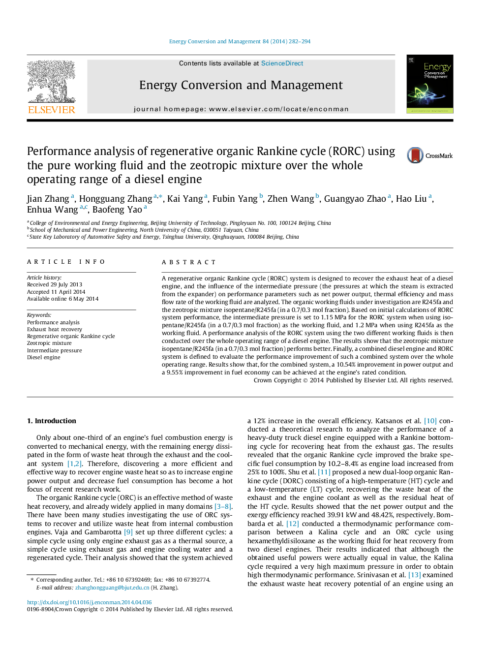 Performance analysis of regenerative organic Rankine cycle (RORC) using the pure working fluid and the zeotropic mixture over the whole operating range of a diesel engine