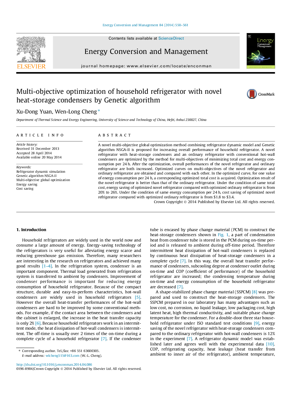 Multi-objective optimization of household refrigerator with novel heat-storage condensers by Genetic algorithm