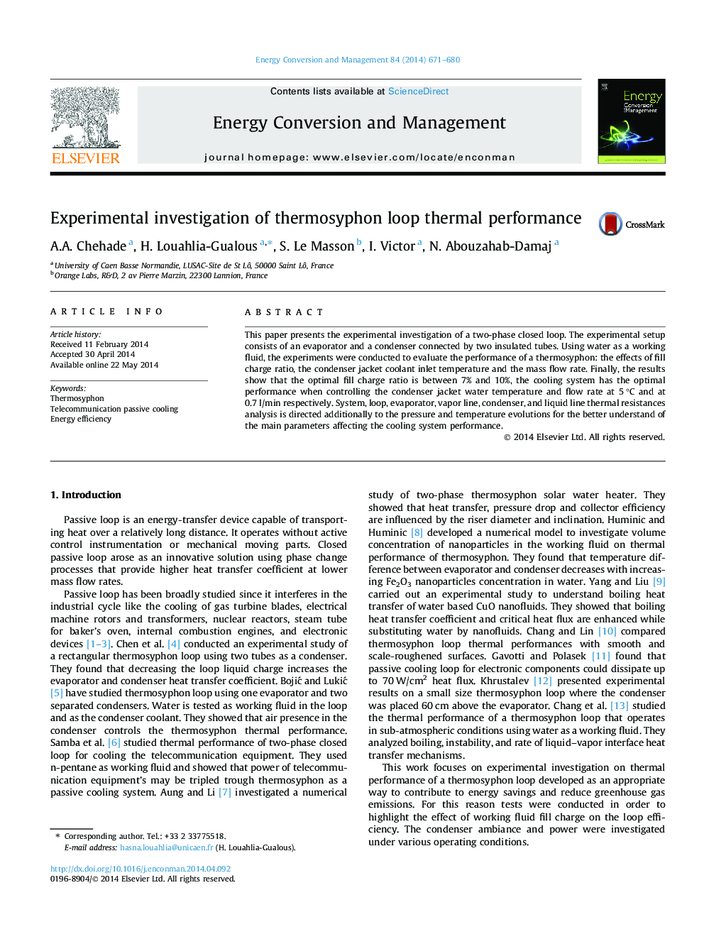 Experimental investigation of thermosyphon loop thermal performance