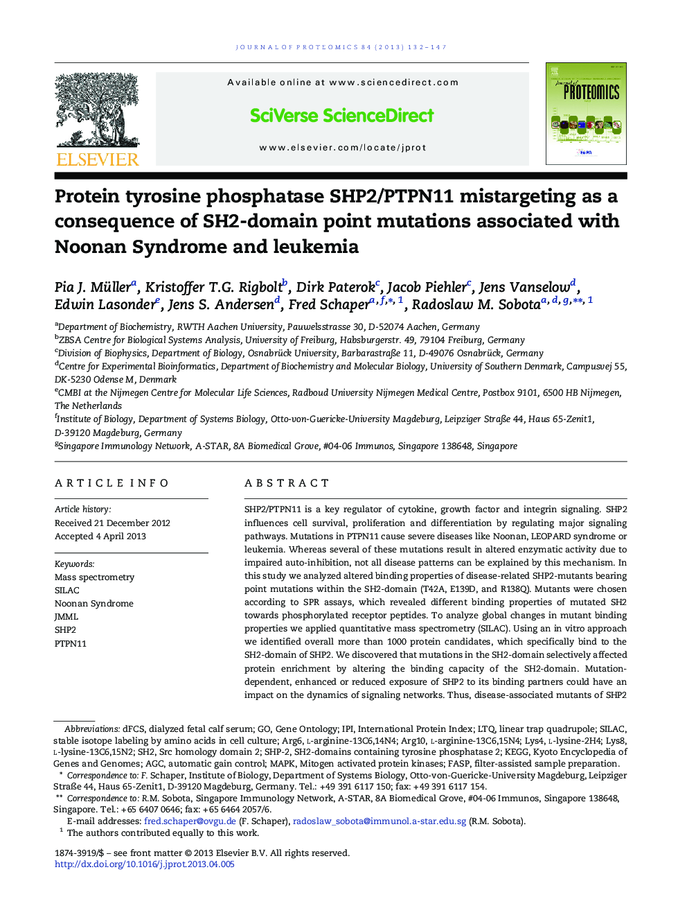 Protein tyrosine phosphatase SHP2/PTPN11 mistargeting as a consequence of SH2-domain point mutations associated with Noonan Syndrome and leukemia