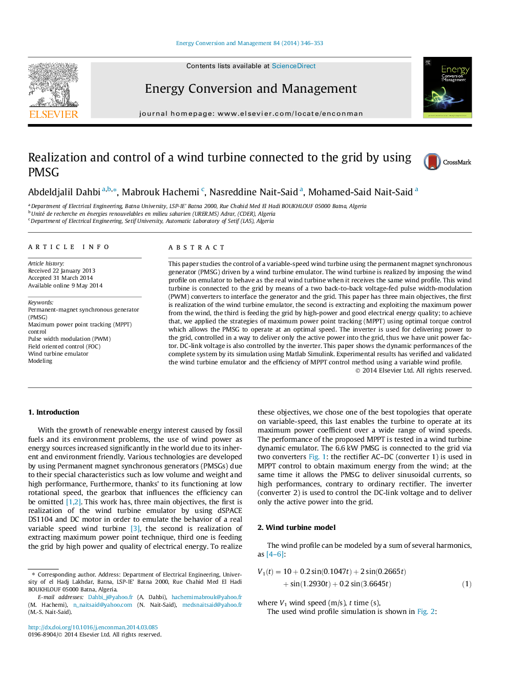 Realization and control of a wind turbine connected to the grid by using PMSG