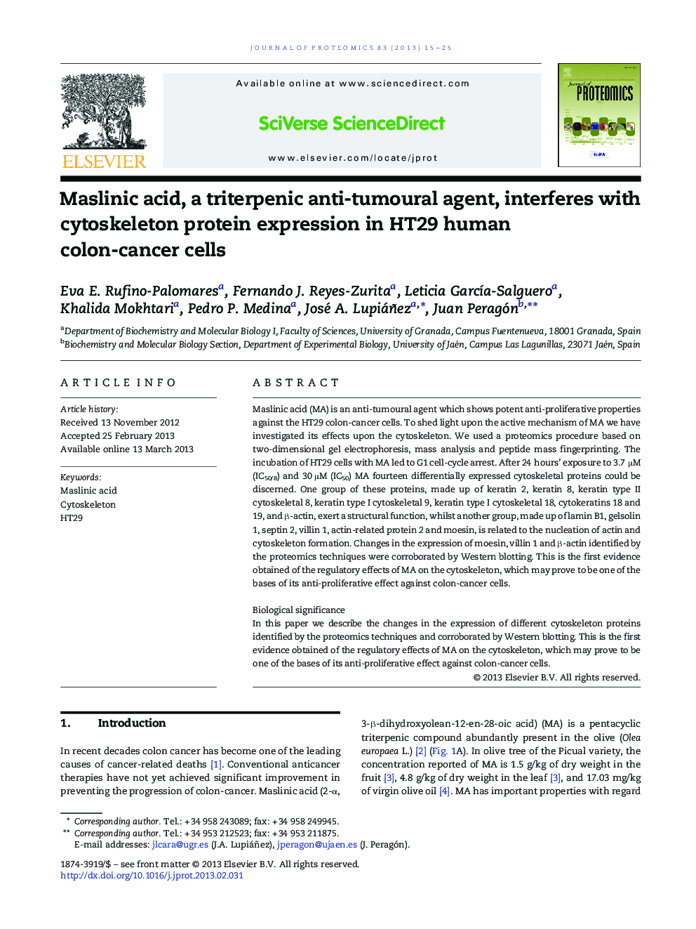 Maslinic acid, a triterpenic anti-tumoural agent, interferes with cytoskeleton protein expression in HT29 human colon-cancer cells