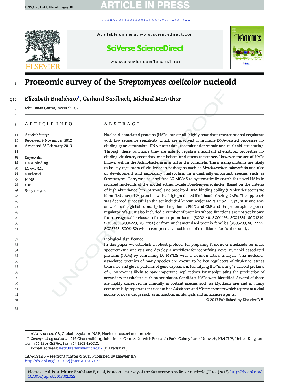 Proteomic survey of the Streptomyces coelicolor nucleoid