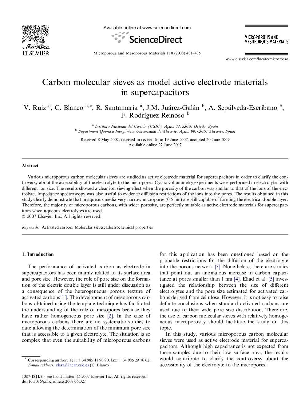 Carbon molecular sieves as model active electrode materials in supercapacitors