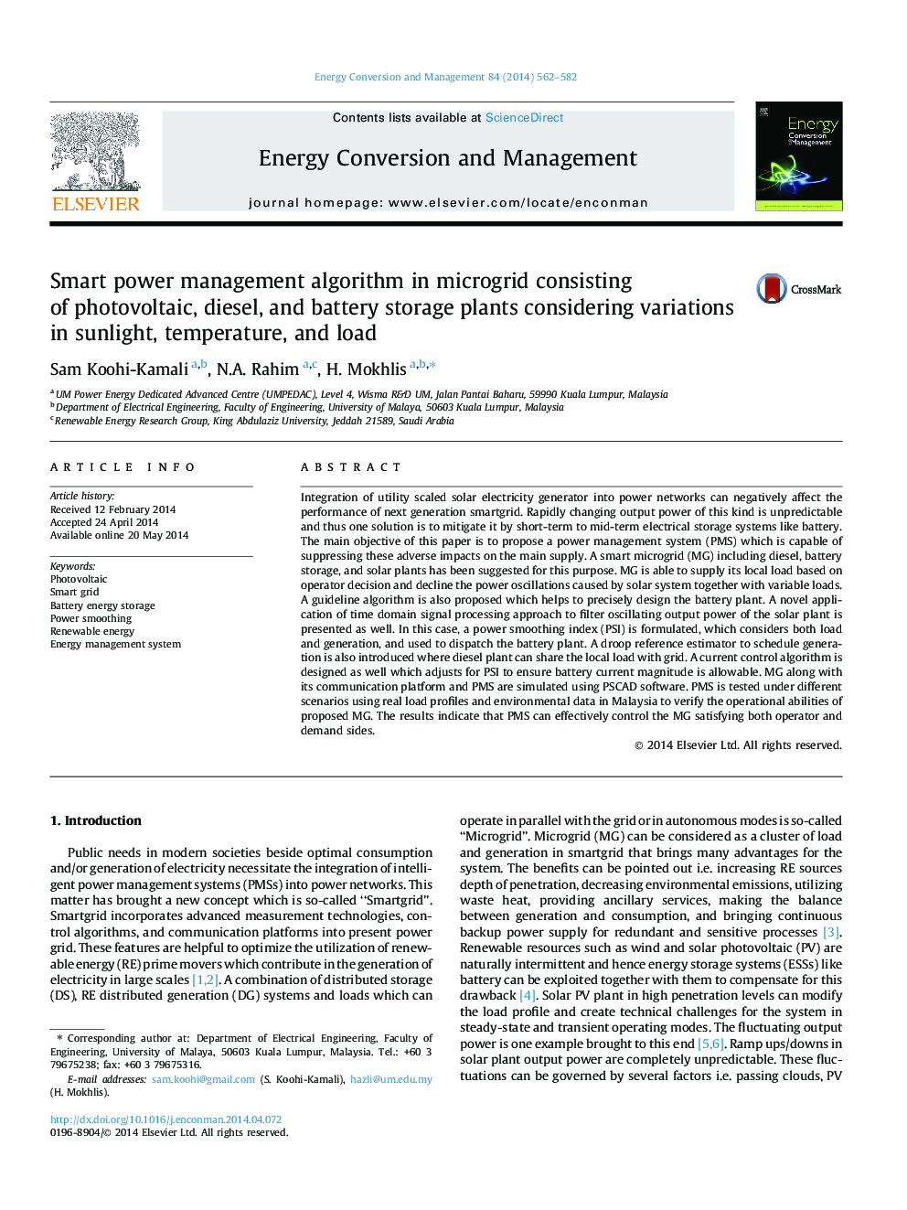 Smart power management algorithm in microgrid consisting of photovoltaic, diesel, and battery storage plants considering variations in sunlight, temperature, and load