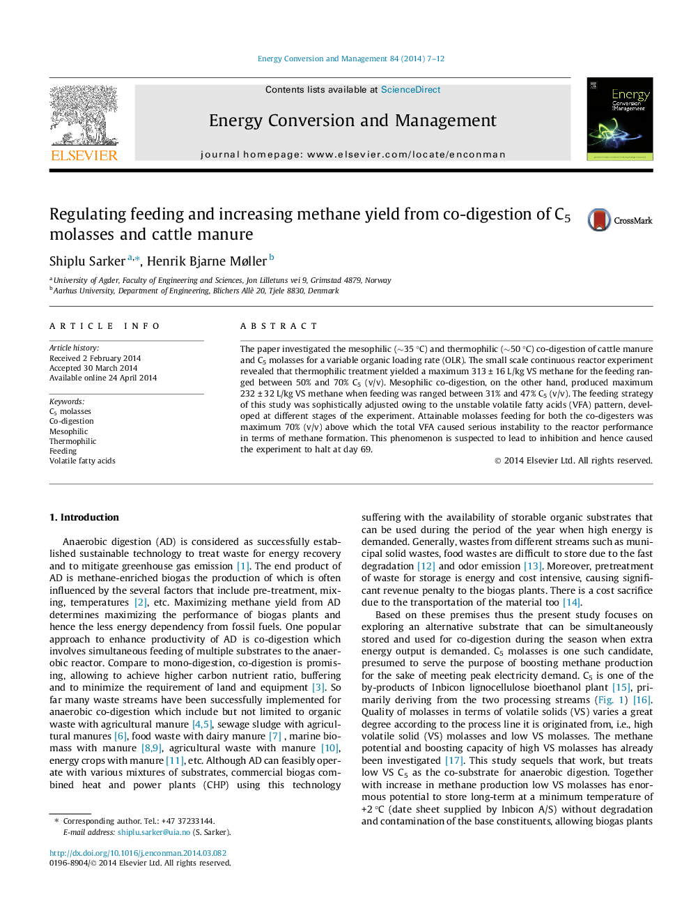 Regulating feeding and increasing methane yield from co-digestion of C5 molasses and cattle manure