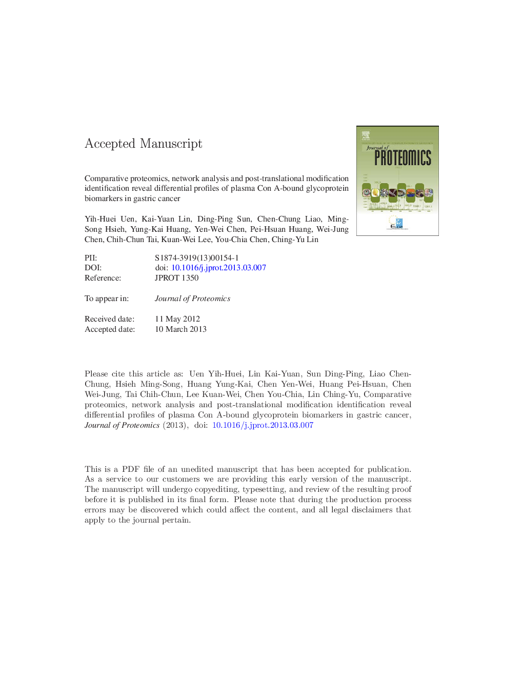 Comparative proteomics, network analysis and post-translational modification identification reveal differential profiles of plasma Con A-bound glycoprotein biomarkers in gastric cancer