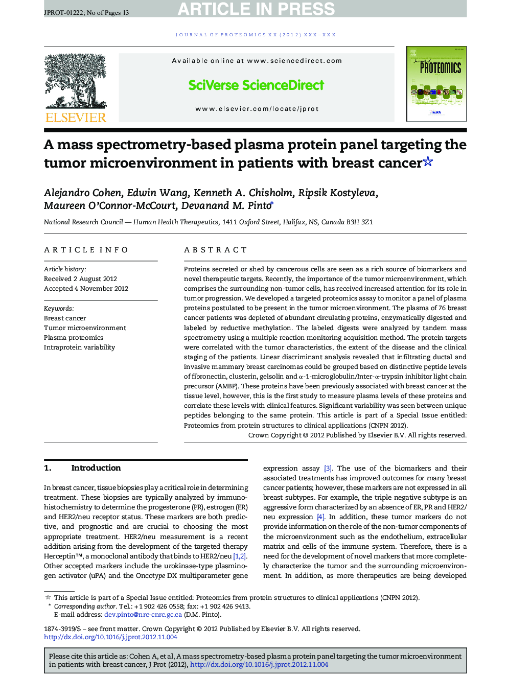 A mass spectrometry-based plasma protein panel targeting the tumor microenvironment in patients with breast cancer