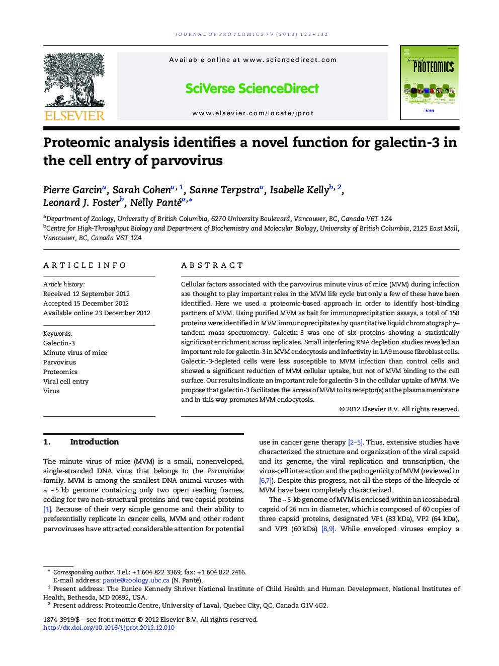 Proteomic analysis identifies a novel function for galectin-3 in the cell entry of parvovirus