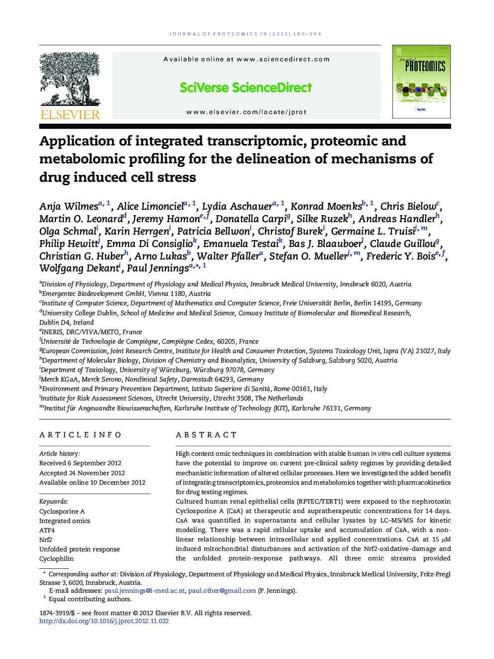 Application of integrated transcriptomic, proteomic and metabolomic profiling for the delineation of mechanisms of drug induced cell stress