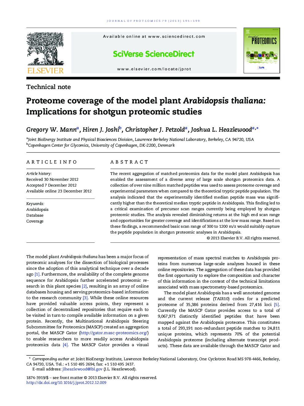 Proteome coverage of the model plant Arabidopsis thaliana: Implications for shotgun proteomic studies