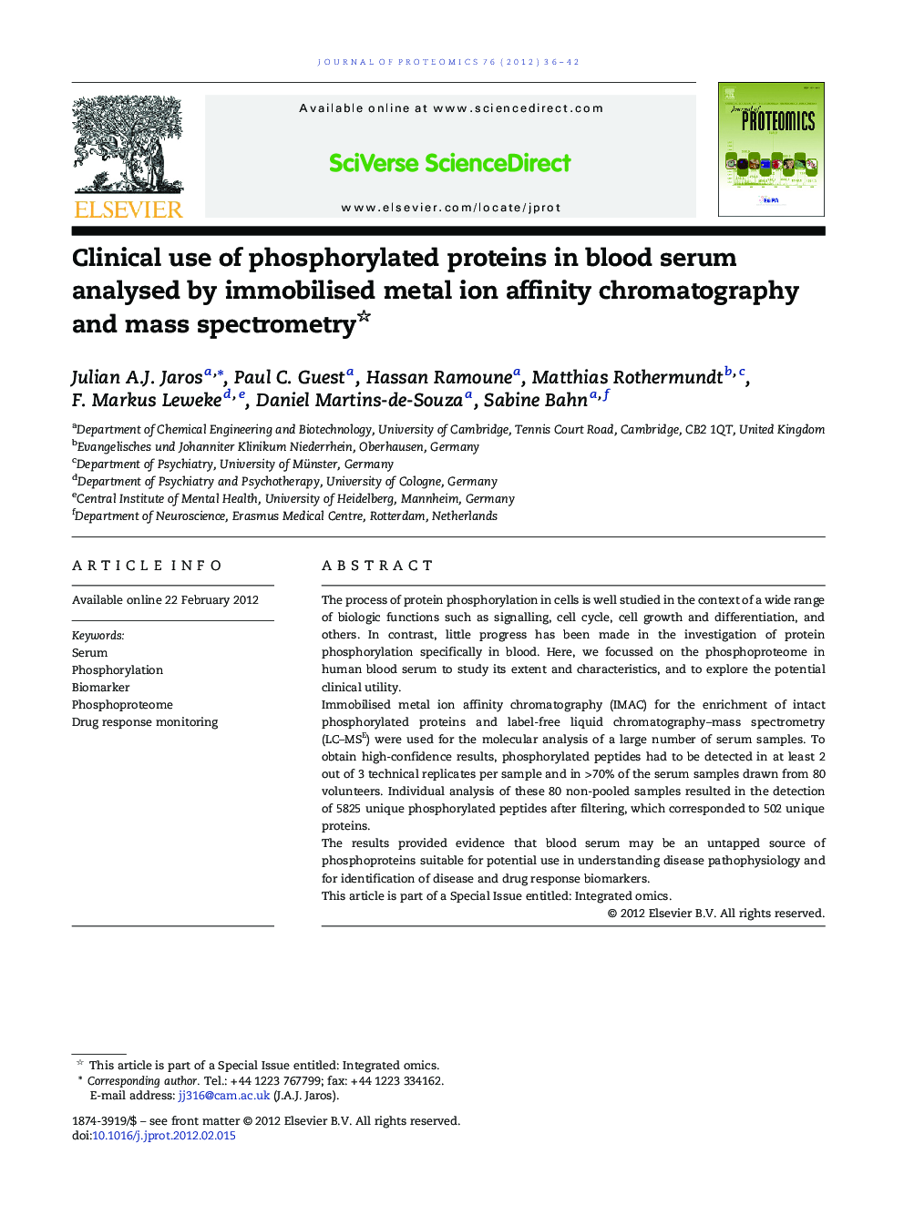 Clinical use of phosphorylated proteins in blood serum analysed by immobilised metal ion affinity chromatography and mass spectrometry