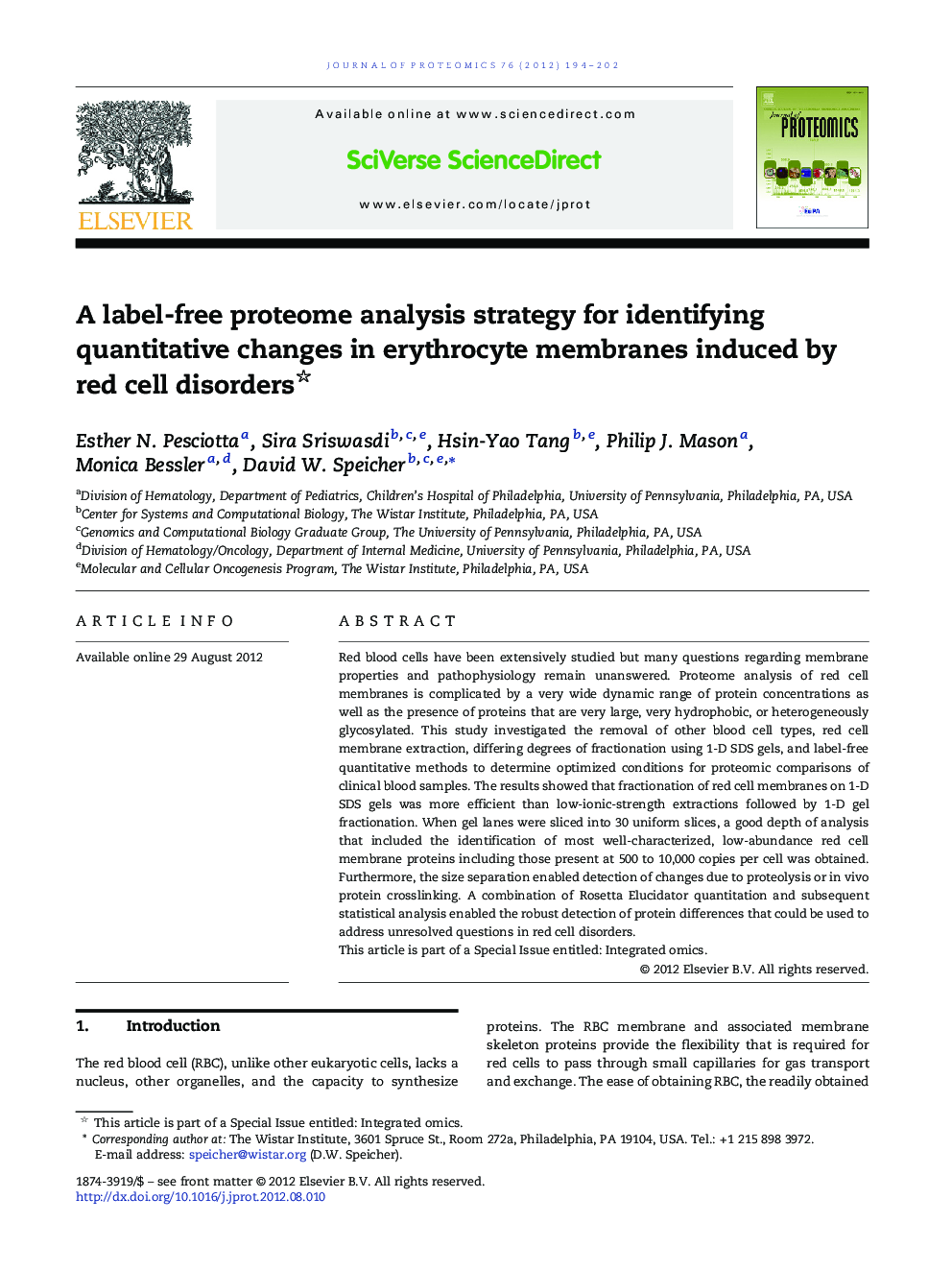 A label-free proteome analysis strategy for identifying quantitative changes in erythrocyte membranes induced by red cell disorders