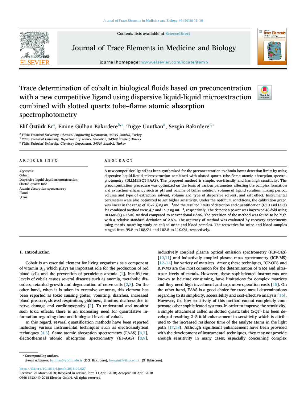 Trace determination of cobalt in biological fluids based on preconcentration with a new competitive ligand using dispersive liquid-liquid microextraction combined with slotted quartz tube-flame atomic absorption spectrophotometry